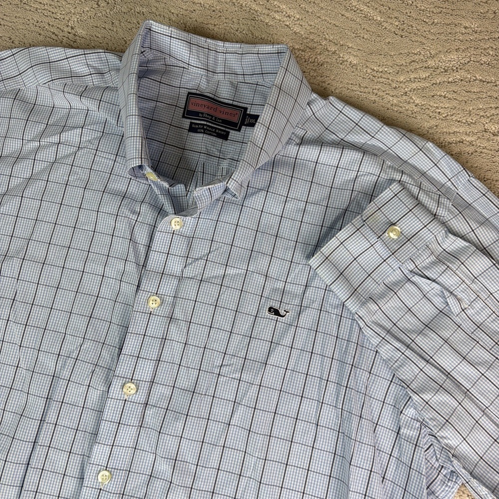 Men's Vineyard Vines 2XL Slim Fit Whale Shirt Blue Plaid Long Sleeve Button Down